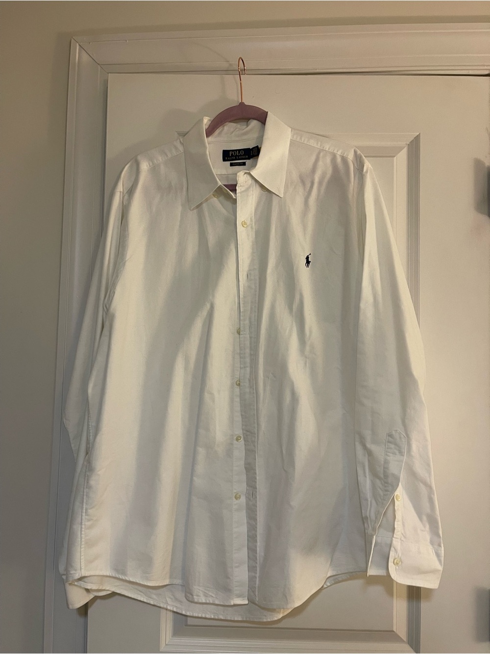 Ralph Lauren White Men's Long-Sleeve Dress Shirt with Navy Pony
